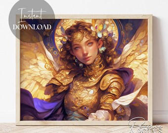 Angel Wearing Gold Armor | Instant Download |  Beautiful | Female Art | Printable | Downloadable | Digital | Christian Art | Religious Art