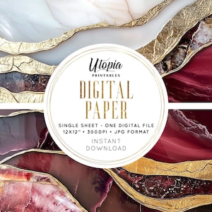 May include: Digital paper design with a marble and agate pattern in shades of white, burgundy, and gold. The image features the text "Utopia Printables" and "Digital Paper". The digital file is 12x12 inches.