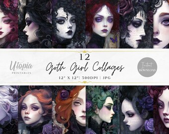 Goth Girl Collages Scrapbook Paper | Gothic Dark Fantasy Art Purple Black Gothcore Victorian | Digital Paper Pack | Printable Backgrounds