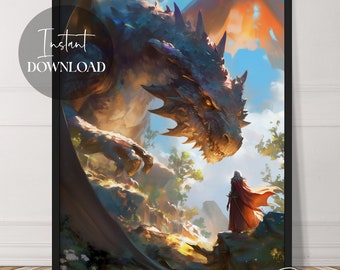 Dragon Facing A Warrior | Epic Fantasy Art | Instant Download | Printable | Downloadable | Digital