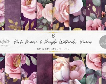 Pink Mauve Purple Watercolor Peonies Scrapbook Paper | Flowers Floral Gold | Digital Paper Pack | Printable Backgrounds Instant Download