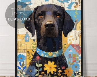 Black Lab Labrador Retriever With Flower Collar | Instant Download | Dog Art | Cute | Animals | Printable | Downloadable | Digital