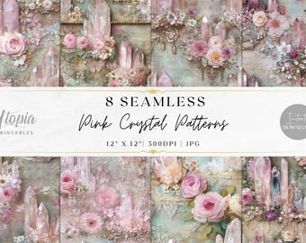Nahtlose rosa Kristallmuster | Blush Junk Journal Collage Spitze Vintage Blumen Rosenquarz | Digitales Papier | Druckbare Hintergründe