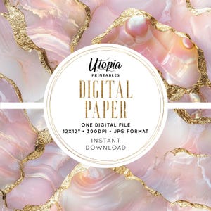 Könnte beinhalten: Digitales Papier mit einem rosa-goldenen Marmormuster. Das Bild zeigt ein kreisförmiges Logo mit dem Text "Utopia Printables DIGITAL PAPER" sowie Details zu Dateigröße und -format. Der Hintergrund hat einen perlmuttartigen Effekt.