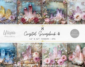 Álbum de recortes de cristal 4 / Collage de flores vintage, diario basura fantástico, mágico y místico / Paquete de papel digital / Fondos imprimibles