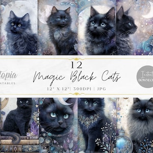 Peut inclure: Impression numérique avec 12 illustrations de chats noirs aux yeux bleus, sur fond céleste. Le texte "12 Magic Black Cats" est affiché, ainsi que les dimensions 30,48 cm x 30,48 cm et la résolution 300 DPI.