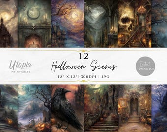 Halloween Scenes Scrapbook Paper | Dark Fantasy Gothic Creepy Landscape Horror Haunted House | Digital Paper Pack | Printable Backgrounds