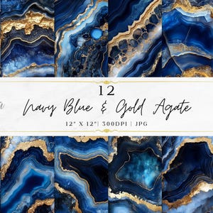 Navy Blue Gold Agate Scrapbook Paper | Stone Mineral Texture Dark Royal Blue | Digital Paper | Printable Backgrounds | Instant Download