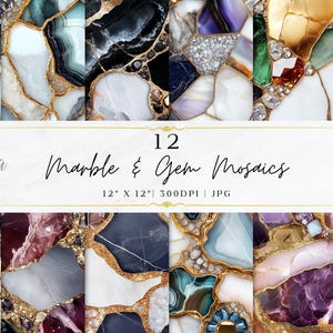 May include: A digital art print featuring 12 marble and gem mosaic designs. The mosaics showcase a variety of colors, including white, gold, blue, green, and purple. The text reads "12 Marble & Gem Mosaics" and "12" x 12" | 300DPI | JPG".