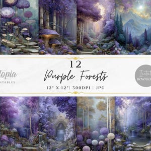 Peut inclure: Une collection de 12 impressions d'art numérique représentant des forêts violettes fantastiques. Chaque image mesure 30 x 30 cm et 300 DPI. Les impressions présentent des paysages mystiques avec des arbres, des champignons et des cascades. Le texte indique "12 Purple Forests".