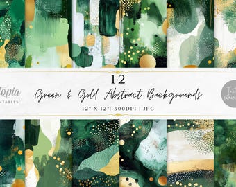 Papel de álbum de recortes con arte abstracto en verde y dorado / Moderno contemporáneo / Papel digital / Fondos imprimibles / Descarga instantánea