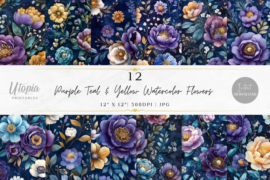 Purple Teal Yellow Watercolor Flowers Scrapbook Paper | Aqua Navy Royal ...