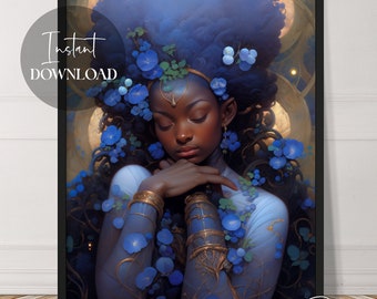 Blue Lady With Flowers | Fantasy Art | Instant Download | Whimsical | Beautiful | Female Art | Printable | Downloadable | Digital