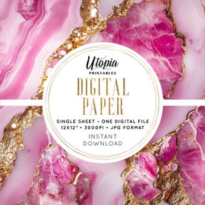 Op de afbeelding: Digitaal papierontwerp met een roze en gouden agaatpatroon. De afbeelding bevat de tekst "Utopia Printables" en "Digital Paper". Het papier is 30,48 cm x 30,48 cm en beschikbaar als JPG-bestand voor direct downloaden.
