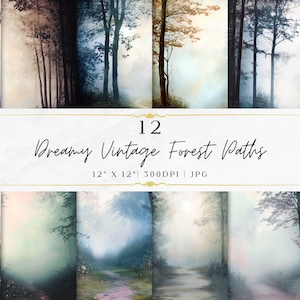 Dreamy Vintage Forest Paths Scrapbook Paper | Woodland Nature Distressed | Digital Paper Pack | Printable Backgrounds | Instant Download