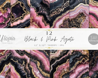 Black Pink Gold Agate Scrapbook Paper | Stone Mineral Texture Crystal Marble | Digital Paper Pack | Printable Backgrounds | Instant Download