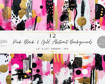 Könnte beinhalten: Eine Sammlung von 12 abstrakten digitalen Hintergründen in Pink, Schwarz und Gold. Die Designs zeigen Pinselstriche, Punkte und geometrische Formen. Der Text lautet "Pink Black & Gold Abstract Backgrounds" und "12" mit den Maßen 30,48 cm x 30,48 cm.