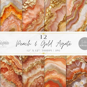 Peach Gold Agate Scrapbook Paper | Stone Mineral Texture Coral Orange | Digital Paper Pack | Printable Backgrounds | Instant Download