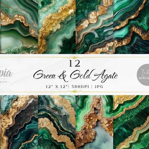 Green Gold Agate Scrapbook Paper | Stone Mineral Texture Crystal | Digital Paper Pack | Printable Backgrounds | Instant Download