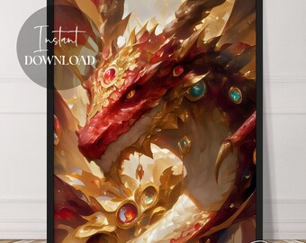 Red Gold Jewel Dragon Fantasy Art | Instant Download | Magical | Whimsical | Surreal | Printable | Downloadable | Digital