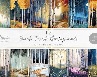 Björkskog Scrapbook-papper | Skogar Skogsmark Träd Natur Landskap Vildmark Utomhus | Digitalt papperspaket | Utskrivbara bakgrunder