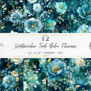 Könnte beinhalten: Ein digitaler Kunstdruck mit 12 Aquarell-Teal-Boho-Blumen-Designs. Die floralen Muster umfassen teal, blaue und weiße Blumen mit grünem Laub. Der Text lautet "12 Watercolor Teal Boho Flowers 12" x 12" 300DPI JPG" und "Utopia Printables".