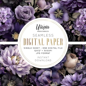 May include: Seamless digital paper with a floral design in shades of purple, lavender, and black. The image features various flowers, including roses and hydrangeas. The text on the image reads "Utopia Printables" and "Seamless Digital Paper". The digital file is 12x12 inches.