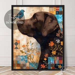 Cute printable instant download dog art of a chocolate lab with a bird perched on its nose.