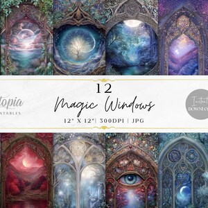 May include: A collection of 12 digital art prints featuring fantasy scenes viewed through arched windows. Each window showcases a unique landscape with moons, trees, and celestial elements. The prints are 12" x 12" and available for instant download.