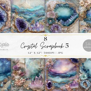 May include: A digital collage of eight crystal scrapbook designs. Each design features crystals, geodes, and floral elements in blue, purple, and gold. The text "Crystal Scrapbook 5" is displayed, along with the dimensions 30.48 cm x 30.48 cm.