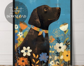 Black Lab Labrador Retriever Puppy And Flowers | Instant Download | Dog Art | Cute | Animals | Printable | Downloadable | Digital