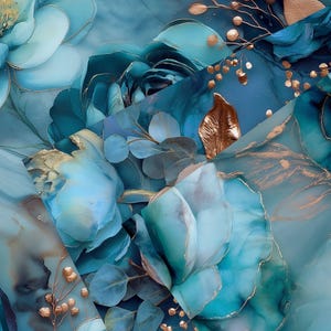 May include: Abstract floral design featuring large, stylized flowers in shades of teal, turquoise, and pale pink. Gold accents highlight the petals and leaves, creating a luxurious and artistic aesthetic. The overall theme is botanical and elegant.