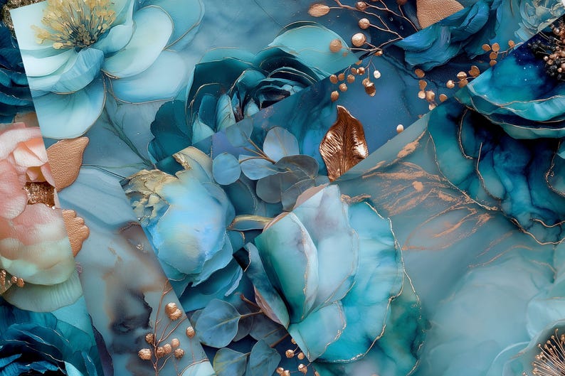 May include: Abstract floral design featuring large, stylized flowers in shades of teal, turquoise, and pale pink. Gold accents highlight the petals and leaves, creating a luxurious and artistic aesthetic. The overall theme is botanical and elegant.