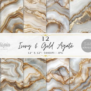 Pode incluir: Doze fundos de papel digital com texturas de ágata marfim e ouro. Cada imagem mede 30,48 cm por 30,48 cm e 300 DPI.
