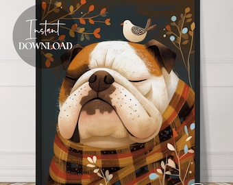 Funny Bulldog With Bird | English Bulldog Artwork | Instant Download | Dog Art | Cute | Animals | Printable | Downloadable | Digital