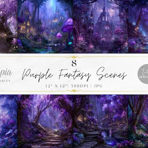 Può includere: Otto stampe d'arte digitale raffiguranti scene fantasy viola. Le immagini raffigurano foreste incantate, castelli e sentieri, il tutto in tonalità viola e blu. Il testo "Utopia Printables" e "Purple Fantasy Scenes" è visualizzato.