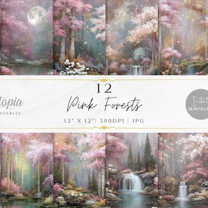 Könnte beinhalten: Eine Sammlung von 12 digitalen Kunstdrucken mit rosa Wäldern mit Wasserfällen, Seen und Vollmond. Die Drucke sind 30,48 cm x 30,48 cm und 300 DPI. Der Text "Pink Forests" ist abgebildet.