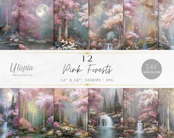 Pink Forests Scrapbook Paper | Woodland Landscapes Fantasy Trees Enchanted Gold Magical | Digital Paper Pack | Printable Backgrounds