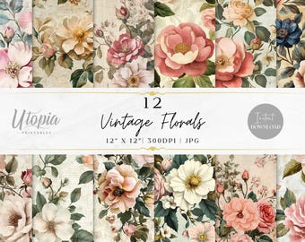 Vintage Blumen altes Blumenmuster beunruhigt rosa Pfirsich Creme Scrapbook Papier | Digitales Papier | Druckbare Hintergründe | Sofort Download