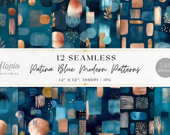 Seamless Patina Blue Copper Patterns | Abstract Modern Geometric Boho Minimalist Teal Aqua | Digital Paper | Printable Backgrounds