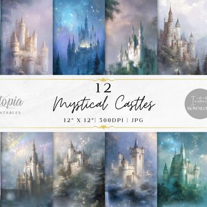 Pode incluir: Uma coleção de 12 impressões de arte digital com castelos místicos. Cada impressão apresenta um design de castelo diferente, ambientado em paisagens de fantasia com cores suaves e efeitos atmosféricos. As impressões medem 30,48 cm x 30,48 cm.