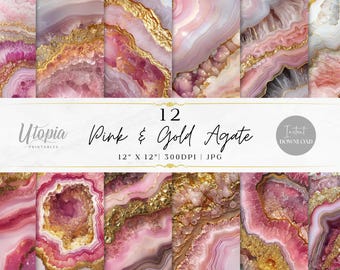 May include: Twelve digital paper designs featuring pink and gold agate textures. Each design is 12 inches by 12 inches and 300 DPI. The designs are in JPG format.