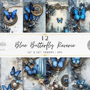 Blue Butterfly Collage Junk Journal Vintage Scrapbook Paper | Fantasy | Digital Paper Pack | Printable Backgrounds | Instant Download