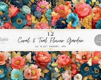 Coral Teal Flower Garden Papier do scrapbookingu | Kwiatowy Botaniczny Złoty Różowy Aqua Niebieski Kolorowy Mod | Pakiet papieru cyfrowego | Tła do druku