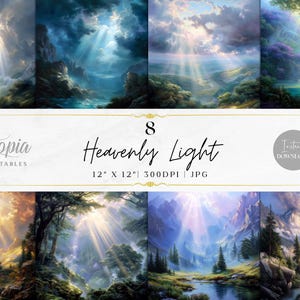 May include: Eight digital art prints featuring landscapes with heavenly light. The images showcase sun rays breaking through clouds, illuminating mountains, forests, and bodies of water. The text "Heavenly Light" and "Instant Download" are also visible.