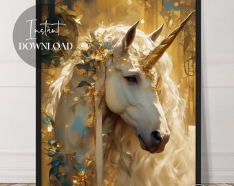 White And Gold Unicorn Fantasy Art | Instant Download | Magical | Whimsical | Surreal | Printable | Downloadable | Digital