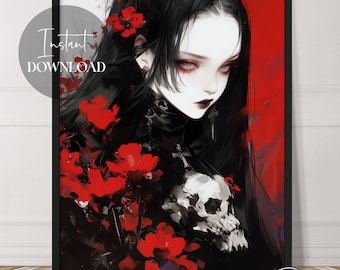 Goth Girl Skull Red Flowers Art | Instant Download | Gothic | Dark | Beautiful | Female Art | Printable | Downloadable | Digital