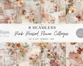 Motifs roses sans couture de fleurs pressées | Collage floral Scrapbook Junk Journal botanique | Papier numérique | Arrière-plans imprimables