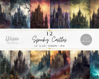 Spooky Castles Halloween Scrapbook Paper | Dark Fantasy Gothic Creepy Landscape Horror Haunted | Digital Paper Pack | Printable Backgrounds