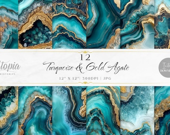 Turquoise Gold Agate Scrapbook Paper | Stone Mineral Texture Aqua Blue Teal | Digital Paper Pack | Printable Backgrounds | Instant Download